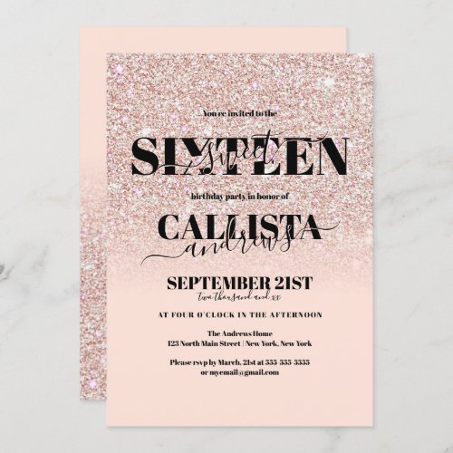 Girly Blush Pink Rose Gold Glitter Sweet 16 Invitation