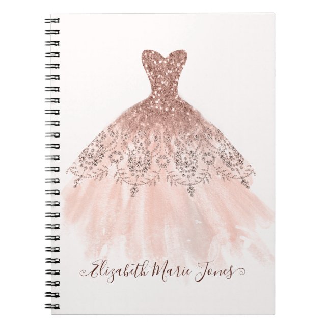 Girly Blush Pink Rose Gold Sparkle Gown Script Notebook (Front)