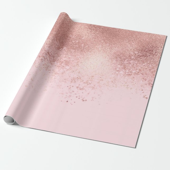 Girly Blush Pink Rose Gold Sprayed Confetti Ombre Wrapping Paper (Unrolled)