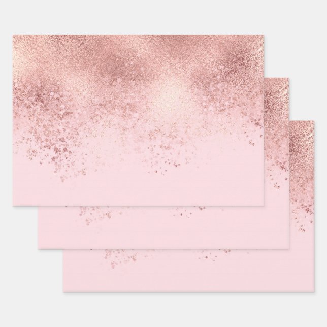 Girly Blush Pink Rose Gold Sprayed Confetti Ombre Wrapping Paper Sheets (Set)