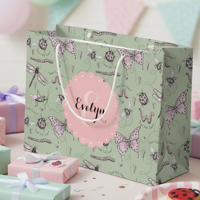 Girly Blush Pink & Sage Sweet Little Critter Name Large Gift Bag (Cute Insects & Beetles Pink & Green Gift Bags. Colorful Bugs Gift Wrap 4 Girl Baby Shower, Birthday)