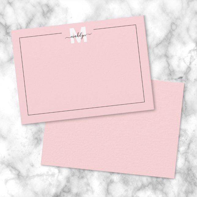 Girly Blush Pink Script Name Monogram Note Card (Girly Blush Pink Script Calligraphy Name Monogram Note Card)