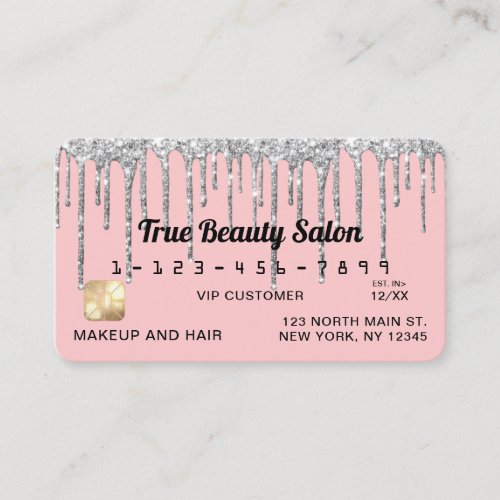 Girly Blush Pink Silver Glitter Drips Credit Business Card