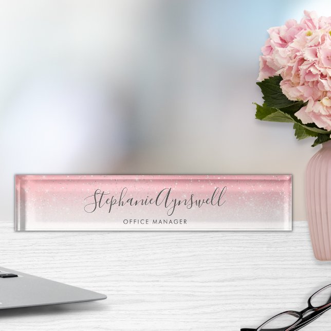 Girly Blush Pink Silver Glitter Personalized Desk Name Plate (Creator Uploaded)