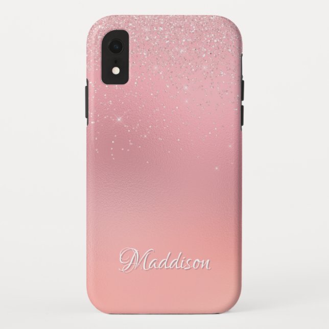 Girly Blush Pink Silver Glitter Personalized Name Case-Mate iPhone Case (Back)