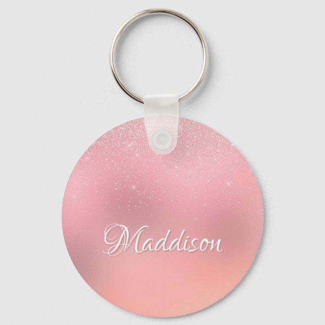 Girly Blush Pink Silver Glitter Personalized Name Keychain (Front)
