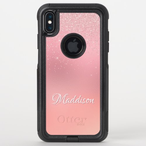 Girly Blush Pink Silver Glitter Personalized Name OtterBox Commuter iPhone XS Max Case