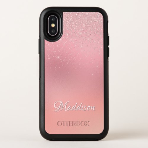Girly Blush Pink Silver Glitter Personalized Name OtterBox Symmetry iPhone XS Case