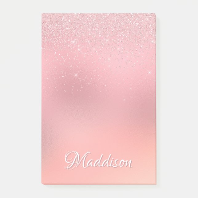 Girly Blush Pink Silver Glitter Personalized Name Post-it Notes (Front)