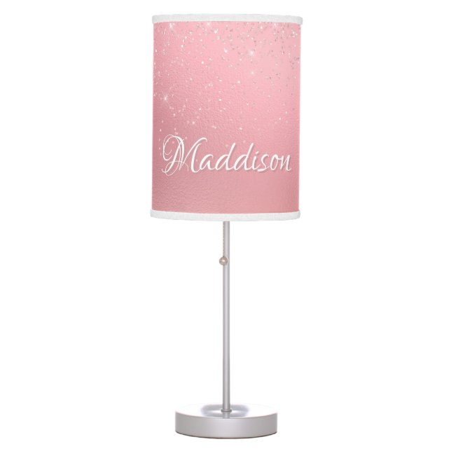 Girly Blush Pink Silver Glitter Personalized Name Table Lamp (Front)