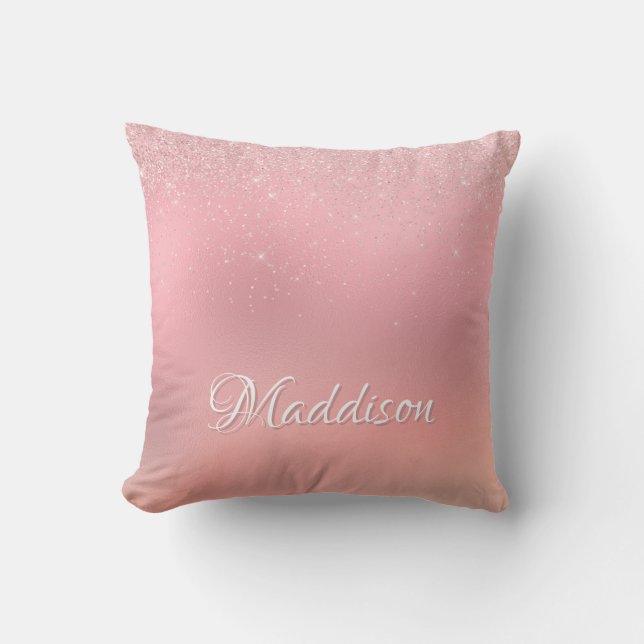 Girly Blush Pink Silver Glitter Personalized Name Throw Pillow (Front)