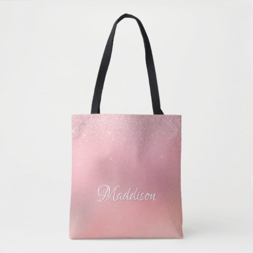 Girly Blush Pink Silver Glitter Personalized Name Tote Bag