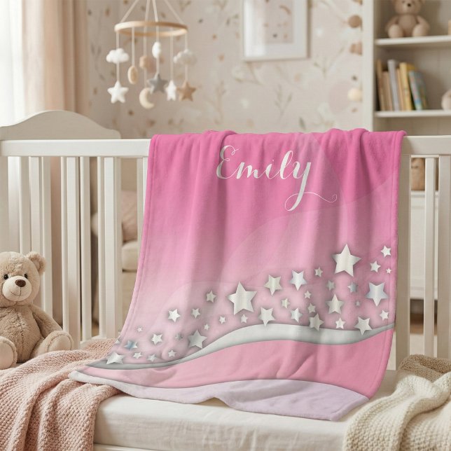  Girly Blush Pink Silver Stars Name Script Sherpa Blanket (Creator Uploaded)