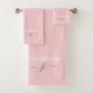 Girly Blush Pink Simple Script Monogram Name Bath Towel Set