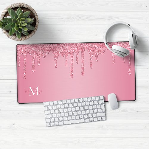 Girly Blush Pink Sparkle Glitter Drips Monogram Desk Mat