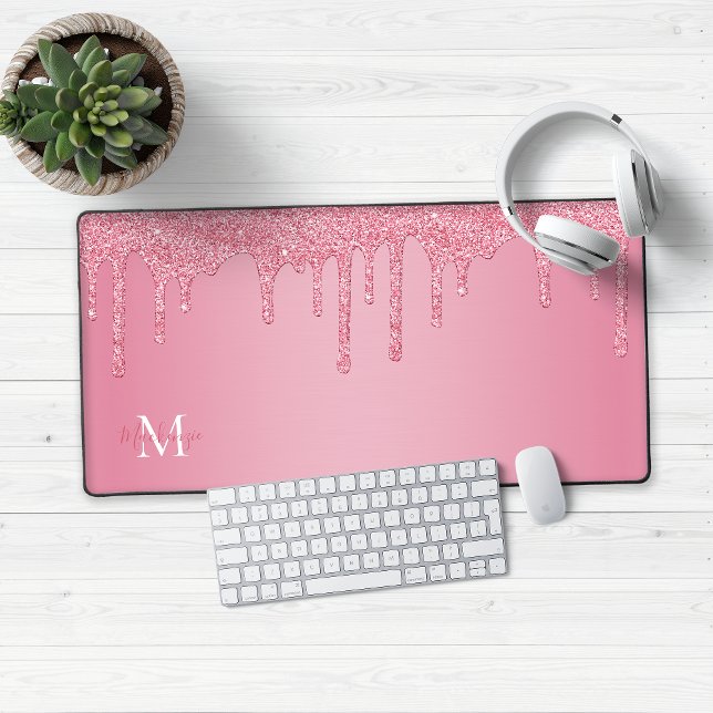 Girly Blush Pink Sparkle Glitter Drips Monogram Desk Mat (Blush Pink Dripping Glitter Monogram Desk Mouse Mat)