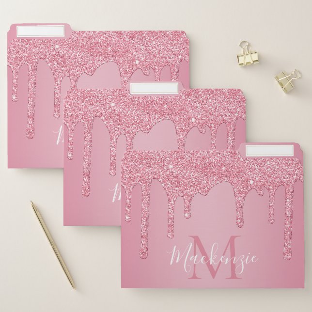 Girly Blush Pink Sparkle Glitter Drips Monogram File Folder (Set)