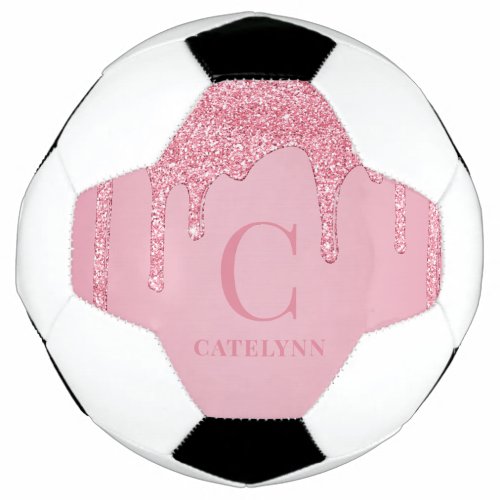 Girly Blush Pink Sparkle Glitter Drips Monogram Soccer Ball