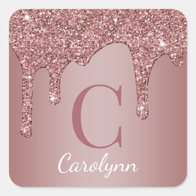 Girly Blush Pink Sparkle Glitter Drips Square Sticker (Front)