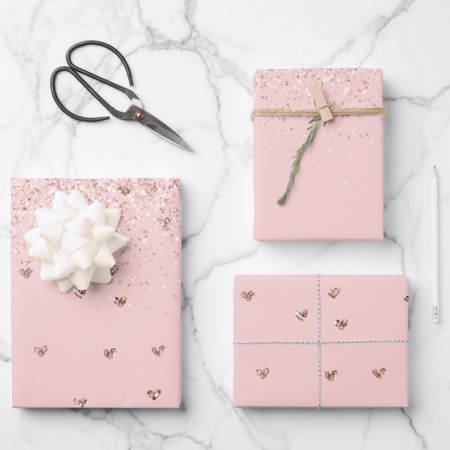 Girly Blush Pink Sparkle Glitter Hearts Wrapping Paper Sheets (Front)