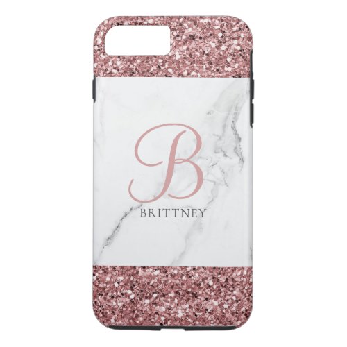 Girly Blush Pink Sparkle Glitter Marble Monogram iPhone 8 Plus7 Plus Case