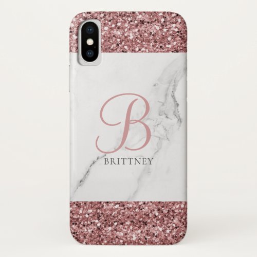 Girly Blush Pink Sparkle Glitter Marble Monogram iPhone XS Case