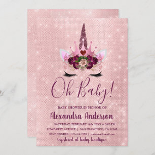 Girly Blush Pink Sparkle Unicorn Baby Shower Invitation