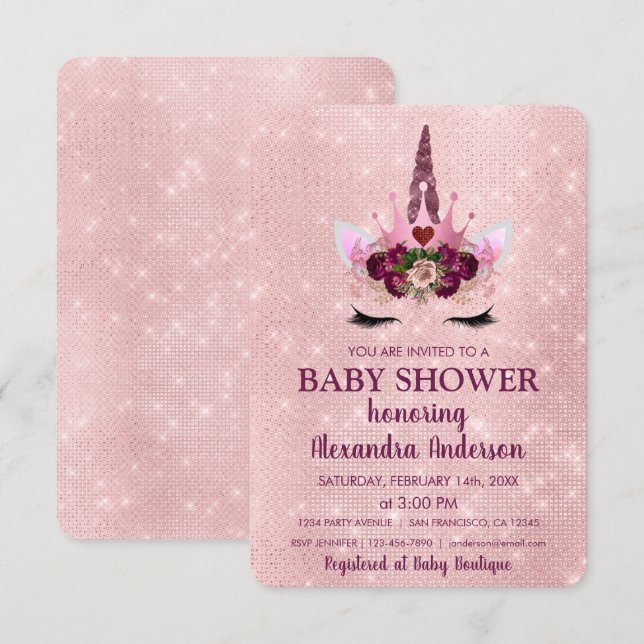 Girly Blush Pink Sparkle Unicorn Baby Shower Invitation (Front/Back)