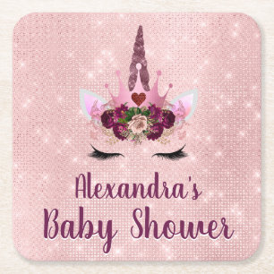 Girly Blush Pink Sparkle Unicorn Baby Shower Square Paper Coaster