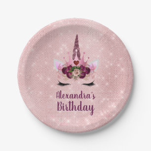Girly Blush Pink Sparkle Unicorn Birthday Party Paper Plates