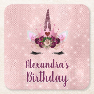 Girly Blush Pink Sparkle Unicorn Birthday Party Square Paper Coaster