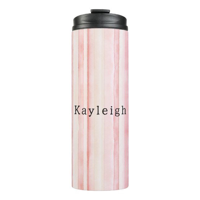Girly Blush Pink Stripes Thermal Tumbler (Front)