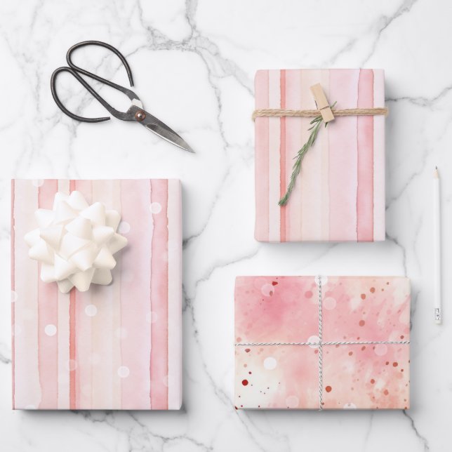 Girly Blush Pink Stripes White Dots Birthday Wrapping Paper Sheets (Front)