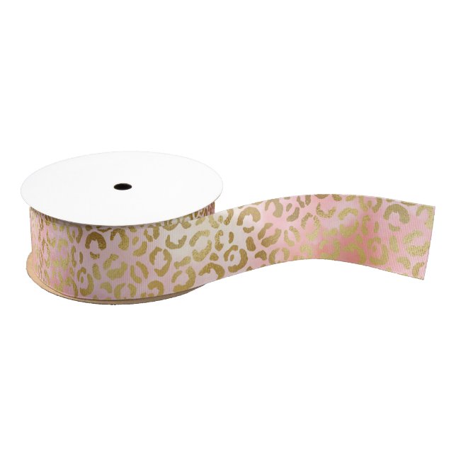 Girly Blush Pink Tie Dye Gold Leopard Print Grosgrain Ribbon (Spool)