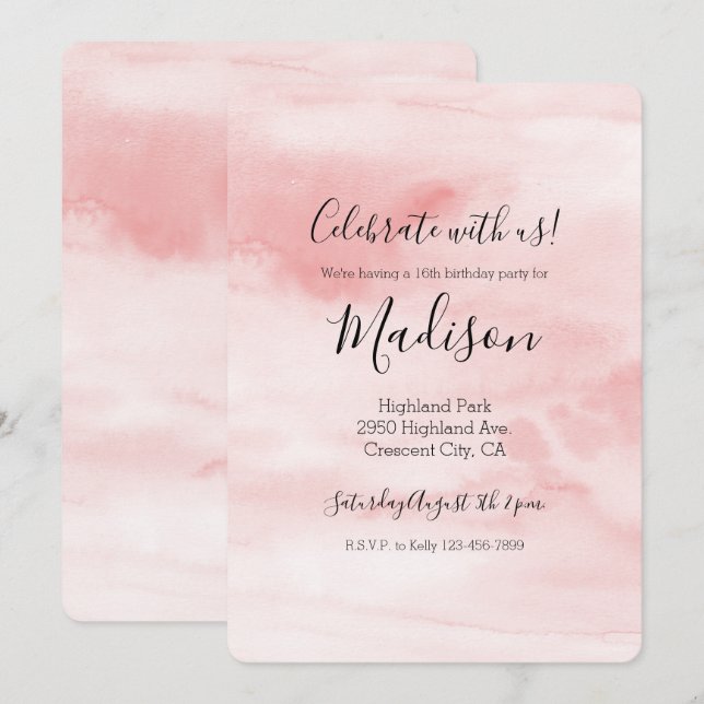 Girly Blush Pink Watercolor personalized Invitation (Front/Back)