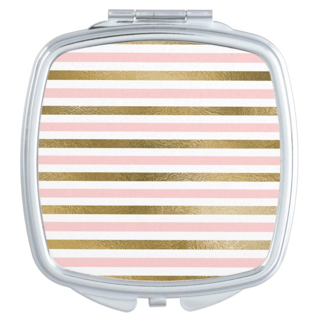Girly Blush Pink, White and Gold Foil Pattern Compact Mirror (Front)