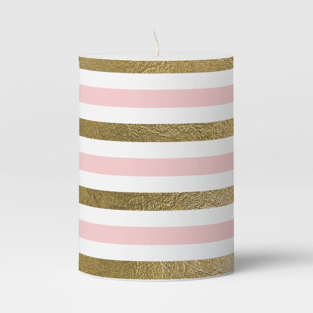 Girly Blush Pink, White and Gold Foil Pattern Pillar Candle (Front)
