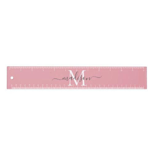 Girly Blush Pink White Gray Monogram Script Name Ruler