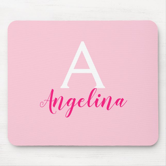 Girly Blush Pink, White & Hot Pink Monogram Name Mouse Pad (Front)