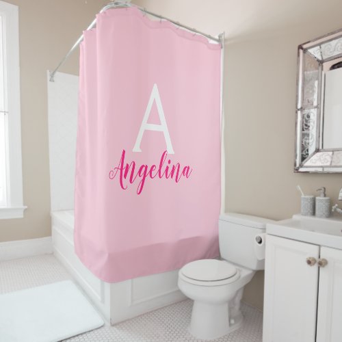 Girly Blush Pink White  Hot Pink Monogram Name Shower Curtain