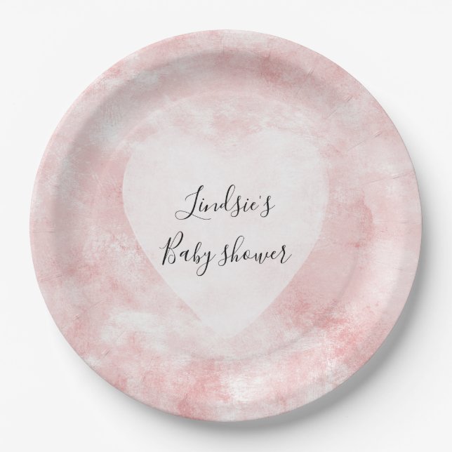 Girly Blush Pink White Watercolor Heart Paper Plates (Front)