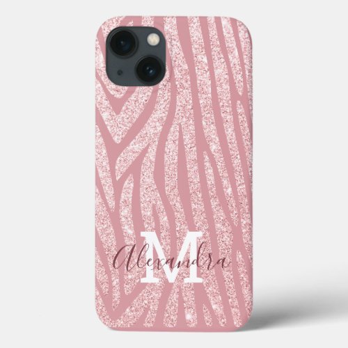 Girly Blush Pink Zebra Print Elegant Monogram iPhone 13 Case