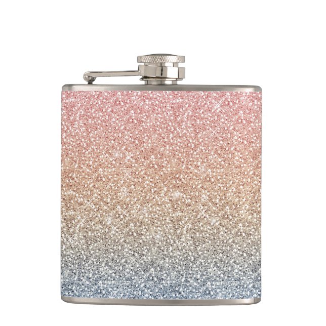 Girly Blush Rose Gold Blue Ombre Glitter Sparkles Flask (Front)