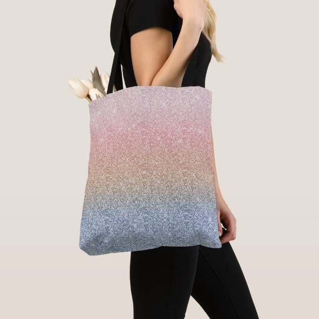 Girly Blush Rose Gold Blue Ombre Glitter Sparkles Tote Bag (Close Up)