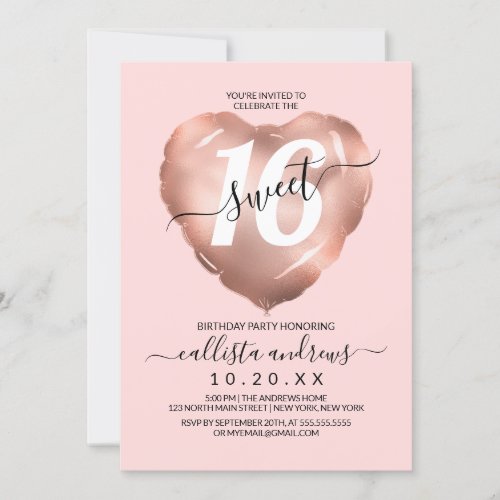 Girly Blush Rose Gold Foil Heart Balloon Sweet 16 Invitation