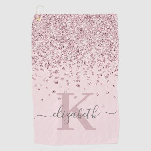 Girly Blush Rose Gold Glitter Diamond Monogrammed Golf Towel