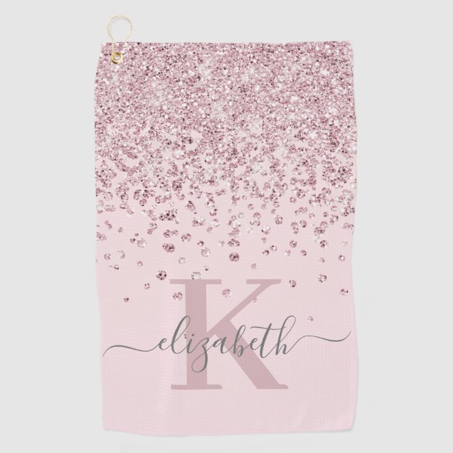 Girly Blush Rose Gold Glitter Diamond Monogrammed Golf Towel (Front)