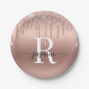 Girly Blush Rose Gold Glitter Dripping Monogram Paper Plates