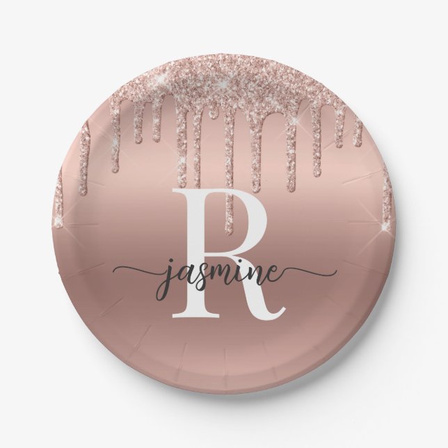 Girly Blush Rose Gold Glitter Dripping Monogram Paper Plates (Front)