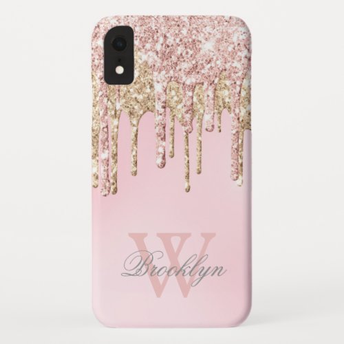 Girly Blush Rose Gold Glitter Drips Monogrammed iPhone XR Case